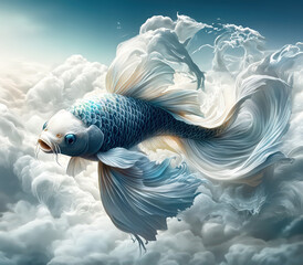 Wall Mural - Blue and White Siamese Fighting Fish in Clouds