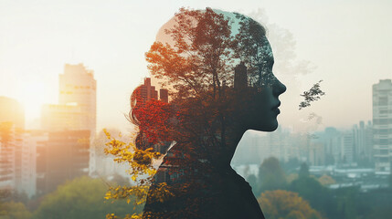 Silhouette of a Head Overlaid with Cityscape