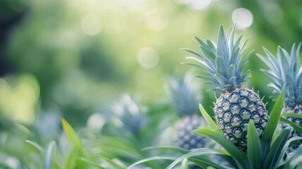 Fresh pineapples growing abundantly in a tropical garden under natural sunlight