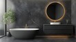 © ArtCookStudio - Modern minimalist bathroom with a freestanding tub and elegant round mirror in natural light