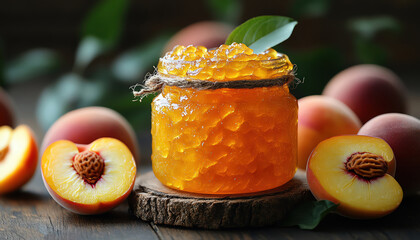 Jar of sweet peach preserves surrounded by fresh, ripe peaches