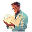 © Suphakorn - Illustration of a focused scientist in a lab coat examines an illuminated orb, symbolizing innovation and discovery in scientific research.