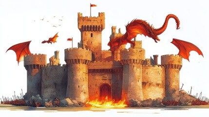 Illustration of a vivid illustration of a fantasy castle under attack by a dragon, showcasing a scene of adventure and mythical elements.