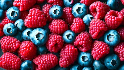 Vibrant closeup of fresh blueberries and raspberries highlighting rich colors and textures, embodying healthy eating and fresh produce themes