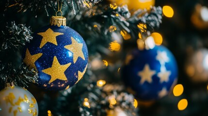 close-up of a christmas tree ornament with blue and gold stars, featuring the european flag symbol on a ball, festive decorations with blurred lights in the background for new year celebration