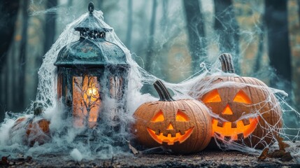 Halloween theme with pumpkins under spider web with vintage lamp against smoky dark background