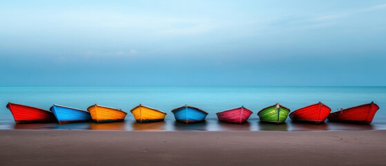 Wall Mural - A row of colorful boats are sitting in the water on a beach