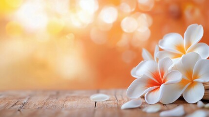 Wall Mural - A close-up of white plumeria flowers on a textured surface with a warm, blurred background