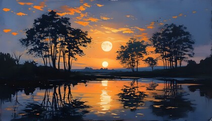 Wall Mural - Tranquil dusk landscape with tree silhouettes, a setting sun, and a rising moon illuminating the peaceful sky