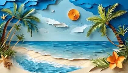 Wall Mural - Tropical beach paper art illustration featuring a vibrant blue ocean, swaying palm tree, golden sand, and a bright summer sun