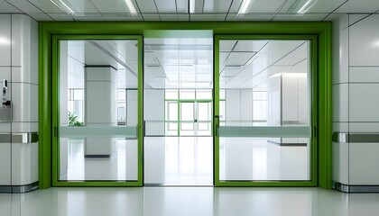 Wall Mural - Modern hospital view of an empty white room from a green doorway