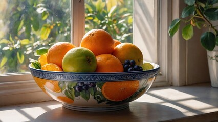 Fresh fruits in a bright atmosphere in a decorative bowl by the window