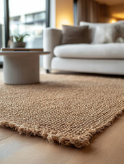 Wall Mural - Cozy living room with a woven jute rug and modern furniture.