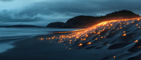 A beach with a dark sky and a few lights on the sand