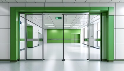 Wall Mural - Modern hospital view of an empty white room from a green doorway