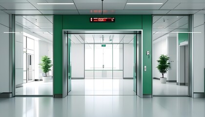 Wall Mural - Modern hospital view of an empty white room from a green doorway