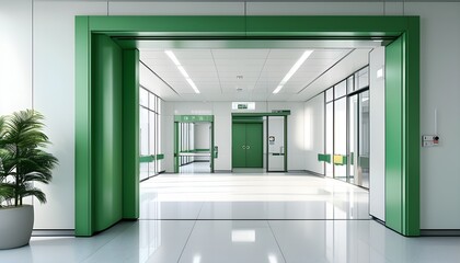 Wall Mural - Modern hospital view of an empty white room from a green doorway