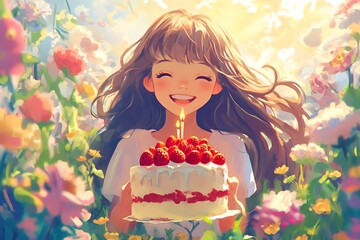 Sticker - Happy young girl with birthday cake in a field of flowers. Celebration, joy, and happiness.