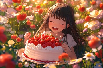 Sticker - Smiling girl with long brown hair blowing out candles on a strawberry cake in a field of flowers