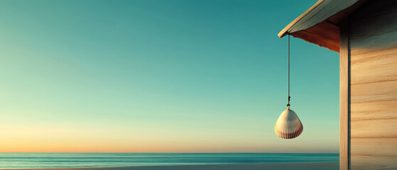 A shell hanging from a rope is suspended over the ocean