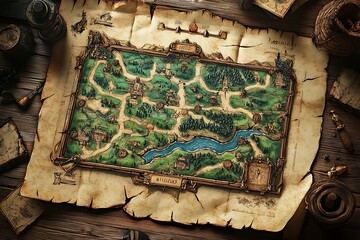 Wall Mural - Vintage Adventure Map with Compass and Tools on Wooden Table