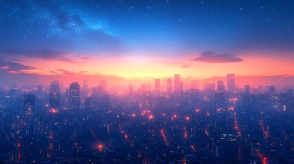 Poster - Futuristic cityscape at sunset with glowing lights and starry night sky