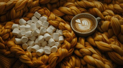 Wall Mural - an oversized knitted blanket with a cup of coffee and marshmallows