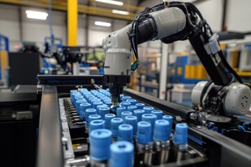 Industrial Robotic Arm Assembling Blue Cylindrical Parts on Conveyor Belt