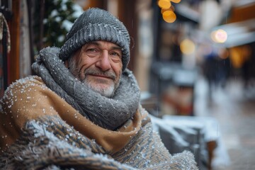 Canvas Print - A man smiles warmly while wearing a knitted hat and scarf in the snow. AI.