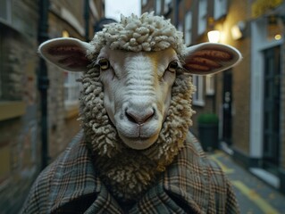 Poster - A sheep in a coat looking at the camera. AI.