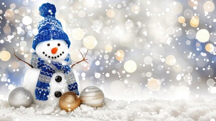 Wall Mural - A cute snowman wearing a blue hat and scarf