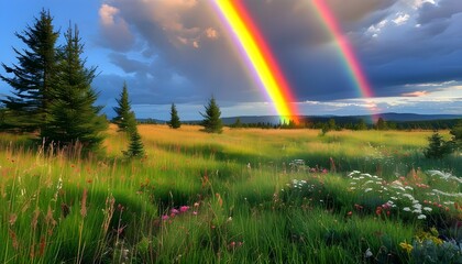 Ethereal rainbow arc spanning a vibrant grassy meadow illuminated by soft daylight