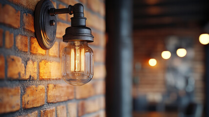 Wall Mural - Vintage wall lamp with glowing bulb on a brick wall