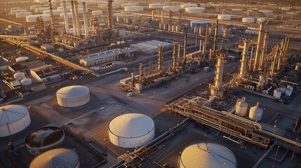 Sticker - Aerial View of an Oil Refinery at Sunset