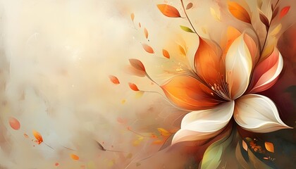 Wall Mural - Vibrant abstract flower illustration with warm-toned petals and lush green leaves set against a gentle, soft background