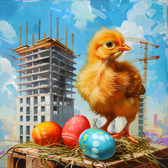 yellow chick standing on straw beside colorful easter eggs with a construction site backdrop on a su