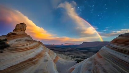 Wall Mural - Majestic sandstone formations featuring a distant tourist against a clear evening sky adorned with vibrant rainbows