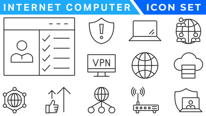 Internet computer icon set. Containing online, computer, network, website, server, web design, hardware, software and programming. Solid icons vector collection.