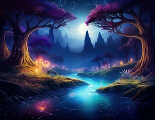 Fantasy landscape, magical night, fairy tale forest. Digital art, ai artwork, background