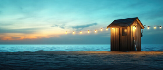 Wall Mural - A small wooden hut is on a beach at sunset