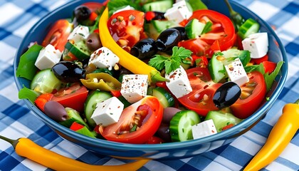 Wall Mural - Vibrant Greek salad featuring fresh tomatoes, cucumbers, olives, feta cheese, and peppers, beautifully displayed on a blue-and-white checkered tablecloth