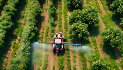 Wall Mural -  aerial perspective of farmer operating tractor with herbicide sprayers applying pesticides on lemon trees in organic farm setting