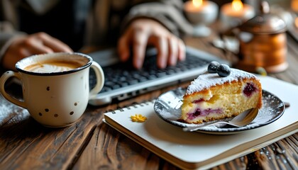 Wall Mural - Coffee and Cake Accompanied by Hands Typing on a Laptop