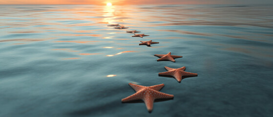 Wall Mural - A row of five starfish are swimming in the ocean