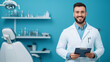 © Maksym - A dentist man holding a clipboard, smiling confidently as he stands in front of a patient chair, with shelves of neatly organized dental tools in the background.
