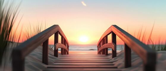 A wooden bridge over a beach with the sun setting in the background