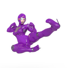 Poster - cyber soldier girl is jumping and kicking in white background