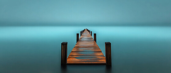 Wall Mural - A wooden pier is in the water with a calm blue sky in the background