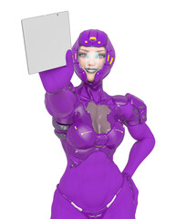 Poster - cyber soldier girl is showing her folding smartphone in white background