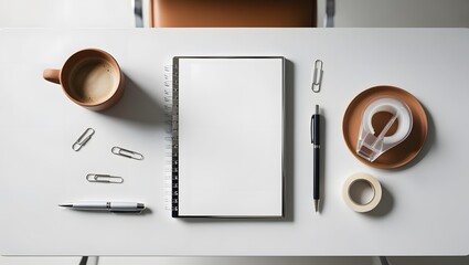 Office desk with a white table featuring a blank notebook supplies and a coffee cup Top view with space for text Flat lay composition.